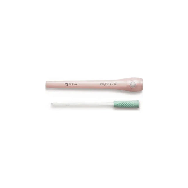 Female intermittent catheter with pink carrying case and green grip, for urological care