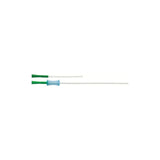 Two intermittent catheters with green tips and one blue grip, medical supplies on white background