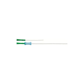 Two intermittent catheters with green tips and one blue grip, medical supplies on white background