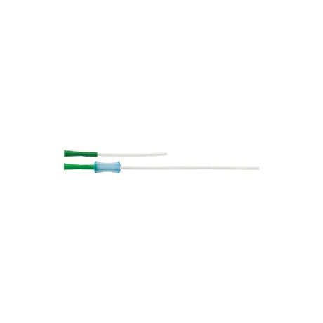 Two intermittent catheters with green tips and one blue grip, medical supplies on white background
