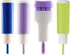 Four colorful insulin pen needle caps on white background, diabetes medical supplies
