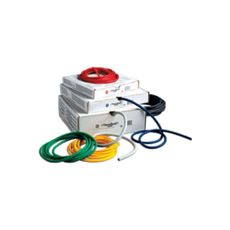 Assorted colored medical tubing coiled on and beside white boxes, multiple colors visible.
