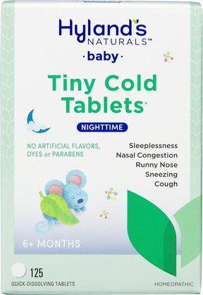 Hyland's Naturals Baby Nighttime Tiny Cold Tablets box for babies 6+ months, 125 quick-dissolving homeopathic tablets.