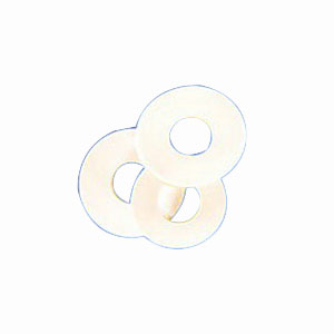 Three beige adhesive ostomy barrier rings for medical supply use on a white background