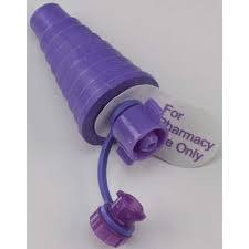 Purple medical bottle adapter with cap and label that says 'For pharmacy use only'