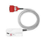 Medical sensor cable with white clip and red connector for home health monitoring.