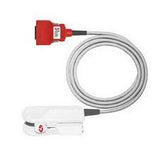 Medical sensor cable with white clip and red connector for home health monitoring.