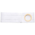 White ostomy belt with circular stoma opening on plain background