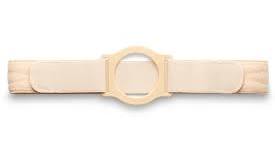 Adjustable beige ostomy support belt with central stoma opening for medical use