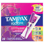 Box of Tampax Radiant tampons with colorful packaging, showing product count and absorbency levels.