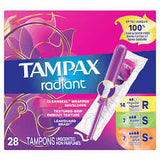 Box of Tampax Radiant tampons with colorful packaging, showing product count and absorbency levels.