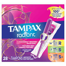 Box of Tampax Radiant tampons with colorful packaging, showing product count and absorbency levels.