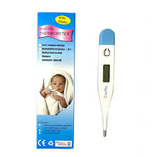 Digital thermometer with blue tip and packaging featuring a baby, for home health care.
