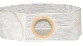 White medical ostomy belt with adjustable strap and circular opening, shown on plain background