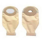 Two beige ostomy bags for medical use, shown front and back on white background