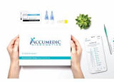 Home medical testing kit with diagnostic supplies, smartphone, and hands on white background