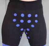 Compression shorts with blue circular patterns for therapeutic support