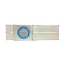 Ostomy belt with blue circular ring for secure stoma bag attachment, medical device