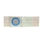 Ostomy belt with blue circular ring for secure stoma bag attachment, medical device