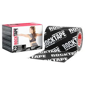 Black RockTape kinesiology tape roll and retail box with athlete image, sports therapy support
