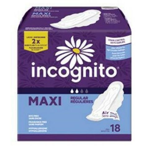 Incognito maxi pads with wings, regular absorbency, unscented, 18 count package.