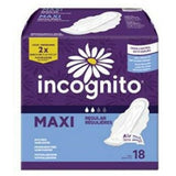 Incognito maxi pads with wings, regular absorbency, unscented, 18 count package.