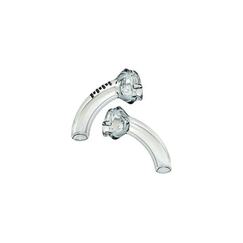 Clear plastic tracheostomy tubes for medical respiratory support on white background