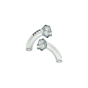Clear plastic tracheostomy tubes for medical respiratory support on white background