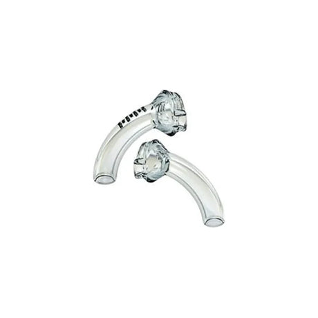 Curved transparent medical tracheostomy tubes on white background