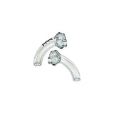 Two clear curved tracheostomy tubes on white background, medical supplies for airway support