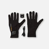 Black vibrating arthritis gloves with charger and USB cable on a white background