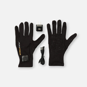 Black vibrating arthritis gloves with charger and USB cable on a white background