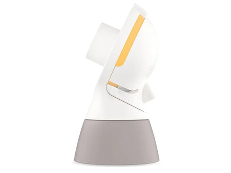 White and gray automatic pill dispenser with secure lid, side profile view