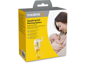 Medela Supplemental Nursing System box showing mother breastfeeding infant, yellow packaging