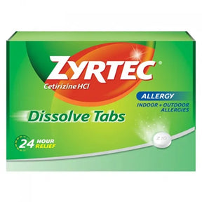 Zyrtec Dissolve Tabs box for allergy relief, featuring 24 hour indoor and outdoor allergy relief.