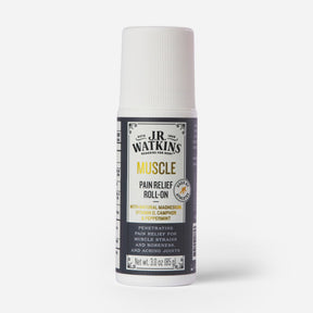 J.R. Watkins muscle pain relief roll-on with magnesium, 3 fl oz bottle, white background