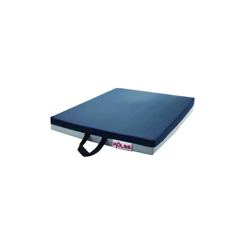 Navy blue wheelchair seat cushion with carrying handle and Kolas logo on white background
