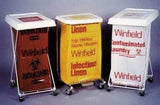 Three medical waste bins with hazardous, infectious linen, and contaminated laundry bags on wheels