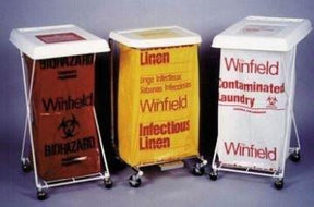 Three medical waste bins with hazardous, infectious linen, and contaminated laundry bags on wheels