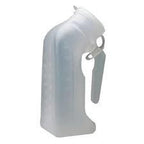 Clear plastic portable urinal with handle and spill-proof lid for home medical use