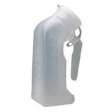 Clear plastic portable urinal with handle and spill-proof lid for home medical use