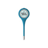 Blue digital thermometer with LCD screen showing 98.6, medical device on white background