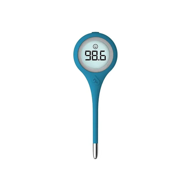 Blue digital thermometer with LCD screen showing 98.6, medical device on white background