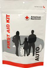 Auto first aid kit package with silhouettes of family and car, American Red Cross logo