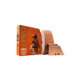 Uncut beige kinesiology tape roll and orange packaging with athlete image