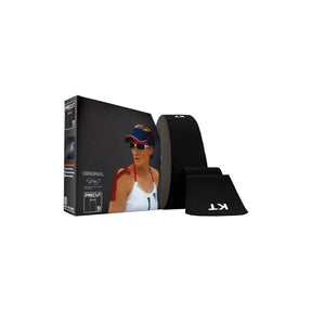 Black precut kinesiology tape roll for muscle support with product box