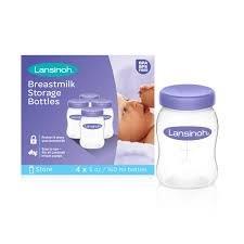 Lansinoh breastmilk storage bottles with purple lids, box and single bottle displayed