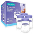 Pack of four breastmilk storage bottles with purple lids in front of product box