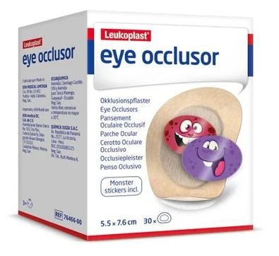 Leukoplast eye occlusor box, 30 count, with playful cartoon monster stickers displayed.