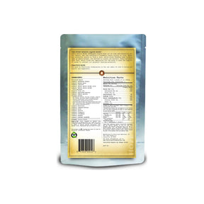 Back of medical nutrition supplement pouch showing ingredients and nutrition facts label